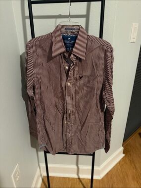American Eagle Outfitters Men’s Burgundy and White Striped Button-Down Shirt